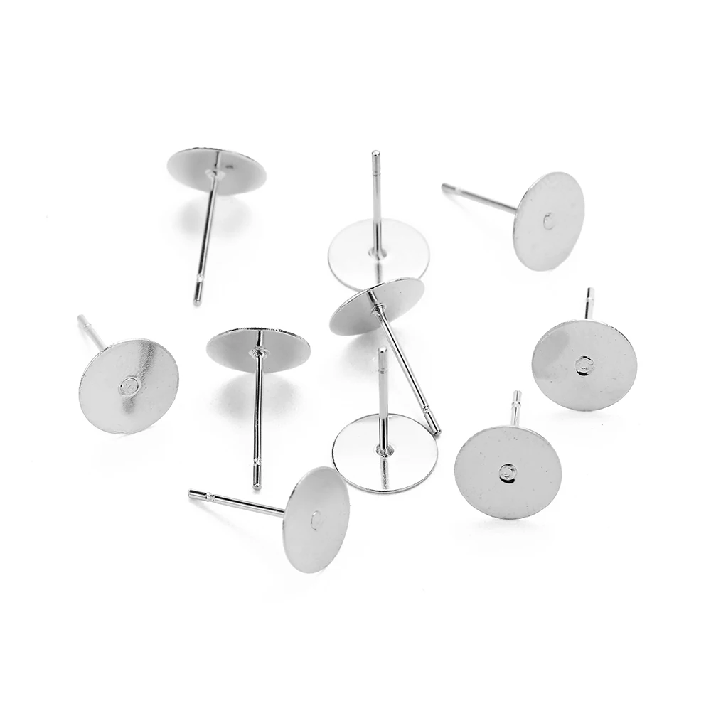 100 Silver Tone Flat Pad Earring Posts Studs DIY 8mm