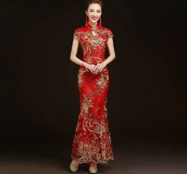 Красное платье Чонсам длинное Русалочка qipao платья Феникс кружева традиционные