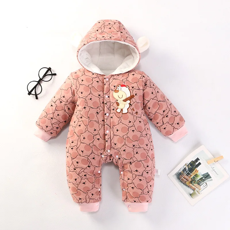 Одежда для младенцев; хлопковый теплый комбинезон с капюшоном для маленьких мальчиков и девочек; осенне-зимний комбинезон; Одежда для новорожденных - Цвет: PINK