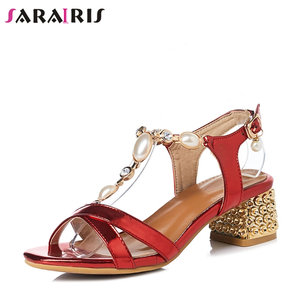 

SARAIRIS New Fashion Big Size 31-43 Ladies 4.5cm Med Heels Pearl Women Shoes Woman Casual Party Ol Summer Sandals 2019