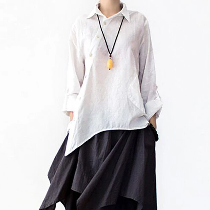

2016 Spring Summer Loose Plus Size Original Asymmetry Design Solid Shirt Female Linen Shirt Women Casual Tops