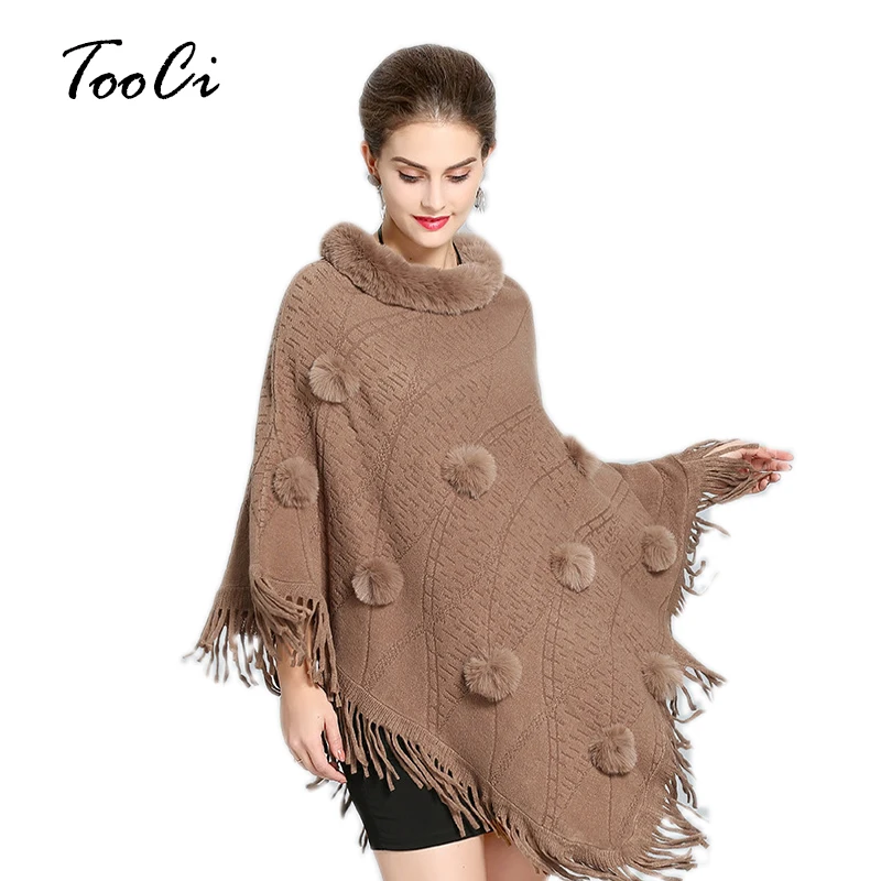 Khaki Women's Clothing Faux Fur Bat Sleeve Ponchos And Capes Round-Neck Knit Jacket Sweaters And Pullovers Faux Fur Coat Autumn women faux fur bat sleeve ponchos and capes round neck knit tassel khaki women sweaters and pullovers faux fur coat