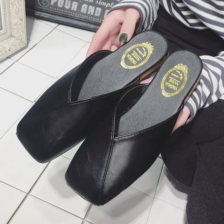 

Flat Female 2019 Spring Sandals Korean-Style Versatile Square Toe Vintage Outerwear Slippers Platform Casual Dress Women Shoes
