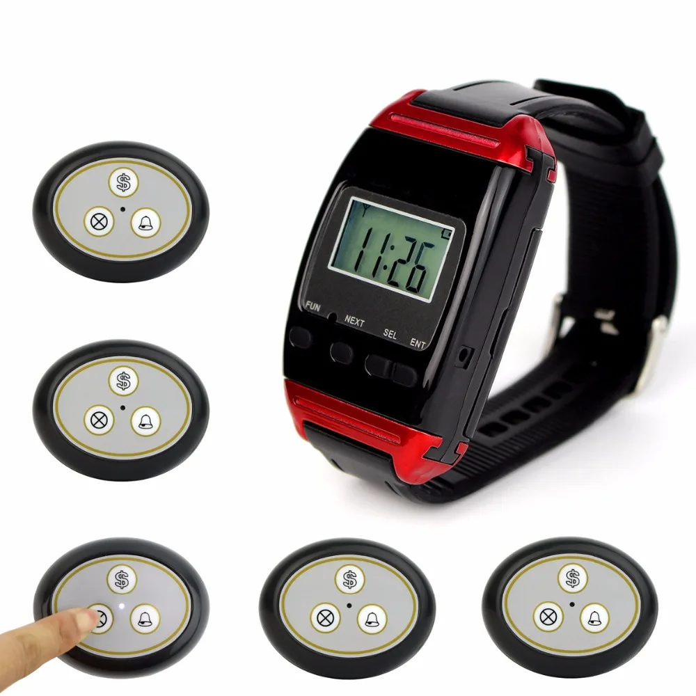 

Wireless Calling System Restaurant Paging System with 1 Watch Receiver + 5 Call Button F4487H