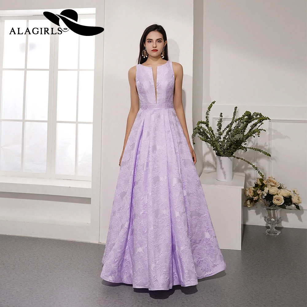 

Alagirls 2019 New Arrival A Line Prom Dress Jacquard Floral Evening Dress Lilac Party Dress Vestido de fiesta 2019