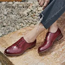 BeauToday Wingtip Oxfords Women Genuine Leather Flats Fashion Lace-Up Pointed Toe Calfskin Ladies Brogue Shoes with Box 21094 beautoday monk shoes women buckle straps genuine leather calfkin round toe lady flats handmade brogue style shoes 21408