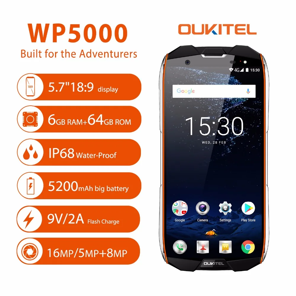 Oukitel WP5000 Водонепроницаемый IP68 5,7 ''18: 9 Android 7,1 смартфон MTK6763 Восьмиядерный 6 ГБ, 64 ГБ и 5200 mAh 9 V 2A быстро Зарядное устройство 4G телефон