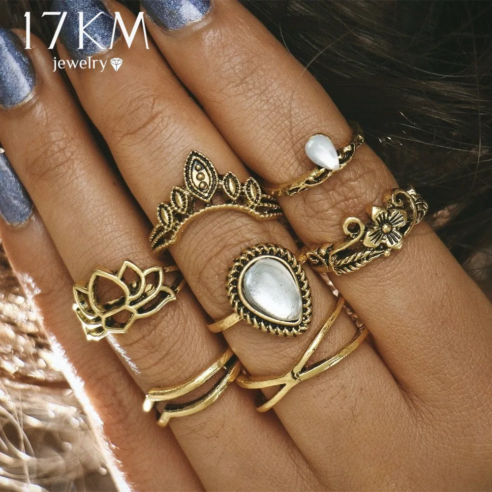 

17KM Hollow Lotus Ring Sets for Women Anillos Punk Vintage Retro Finger Tibetan Flower Knuckle Midi Rings Party Boho Jewellery