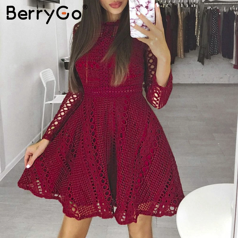 BerryGo сексуальное красное мини кружевное платье элегантное с длинным рукавом