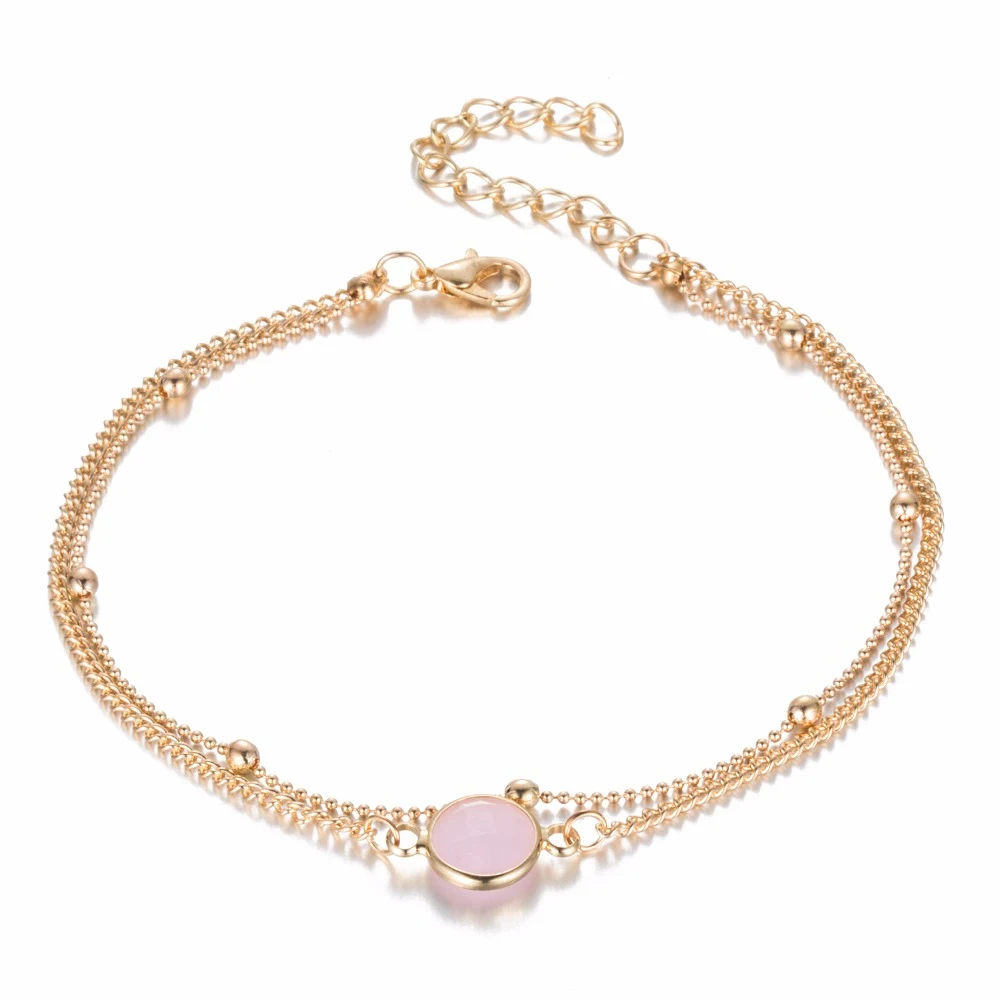 Богемский двойной многослойный браслет, Модный кристалл из опала женские браслеты для щиколотки, Летний Пляжный браслет, женские Украшения для лодыжки - Окраска металла: Pink Crystal