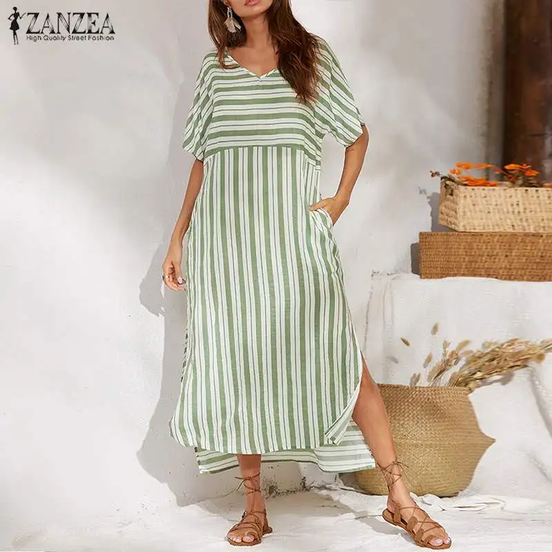 2019 Summer ZANZEA Women Sundress Striped Print Dress Ladies Long Maxi Dresses Beach Vestidos Tunic Robe Femme Party Dresses 5XL