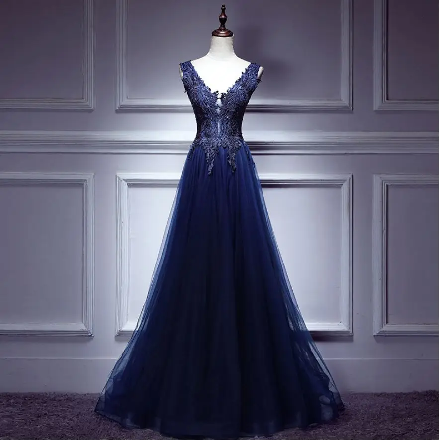 navy blue Vestido madrinha longo2019 тюль с аппликацией Сексуальная шея линия темно-синий, бордовый платье подружки невесты длинное abiti damigelle real pho - Цвет: navy blue