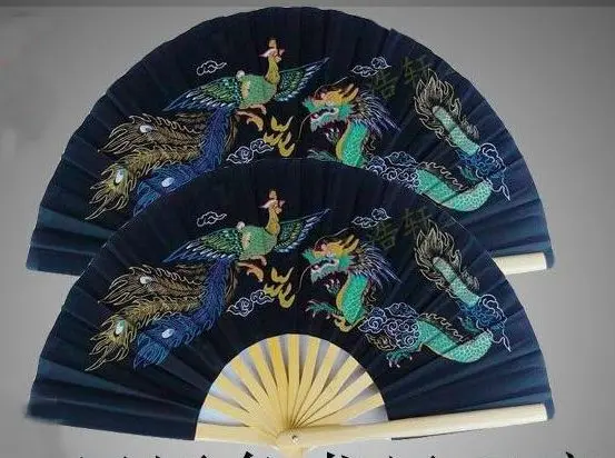 

1pair/2pcs tai chi plastic double hand wushu martial arts dragon&phoenix fan kung fu peony fans
