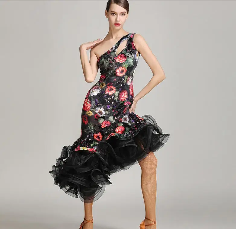 Exquisite luxury flower latin dance dress Black Latin salsa flamenco