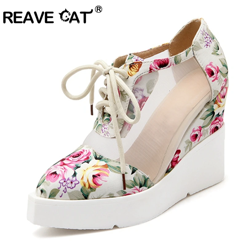 

REAVE CAT women sandals sexy mesh+pu summer Women's shoes wedges Platform print flower shoes sandals Pointed lace up zapatos