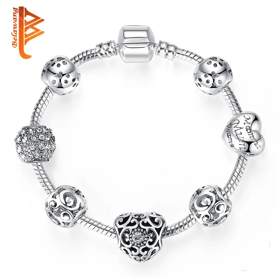 

BELAWANG European Style Antique Silver Heart Charms Bracelet for Women Sparkling Crystal Bead Bracelet Mother's Day Jewelry Gift