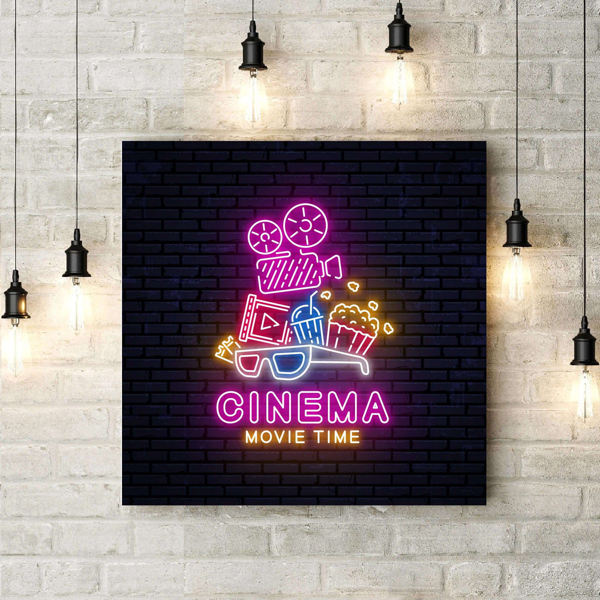 Bright Neon Sign Poster Cinema Wall Art Canvas Painting Cinema Movie Time Popcorn Wall Picture Print Home Theater Art Decor