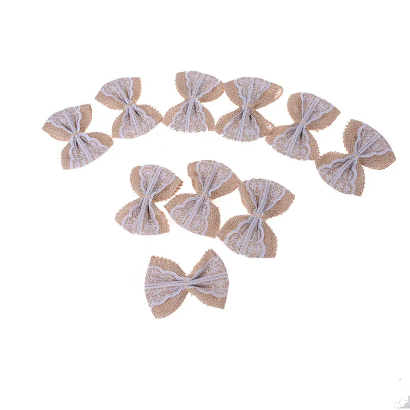 Hessian Burlap Lace Bows Embellishment Rustic Wedding Party Christmas Tree Craft Decoration 10pcs
