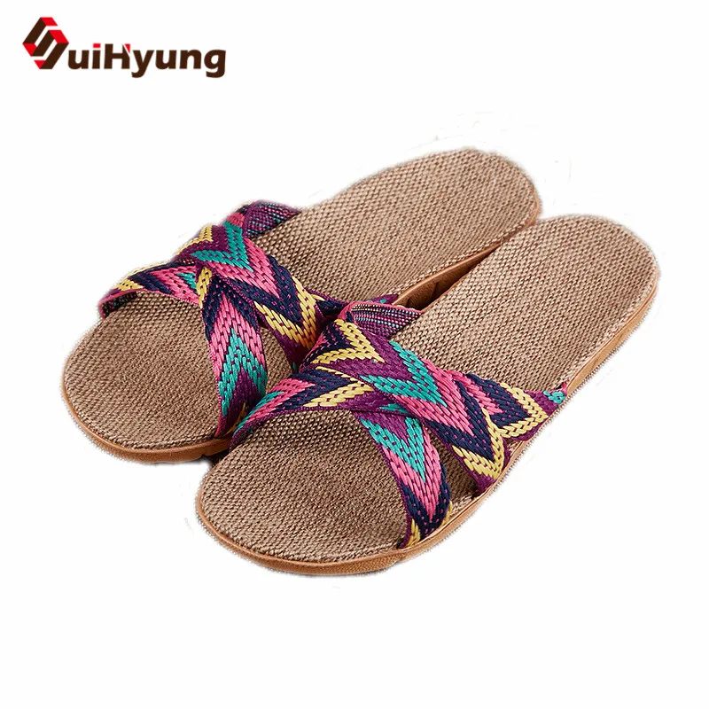 

Suihyung Women Summer Flax Slippers Flats Colored Cross Belt Casual Home Slippers Flip Flops Female Indoor Shoes Woman Sandals