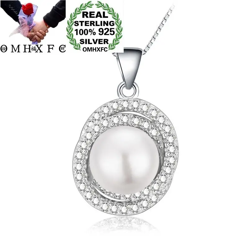 

OMHXFC Wholesale European Fashion Woman Girl Party Birthday Crossed Pearl AAA Zircon 100% 925 Sterling Silver Pendant Charm PD86