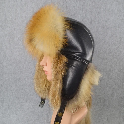 red fox Новинка, зимние шапки-бомберы из натурального Лисьего меха, женская шапка из меха енота, русская ушанка, Толстая теплая шапка-бомбер из натуральной овечьей кожи - Цвет: red fox