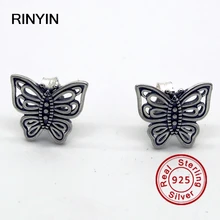 925 Pendientes De Plata de Joyería de Moda Auténtica Marca Europea Calado Mariposa Stud Pendientes
