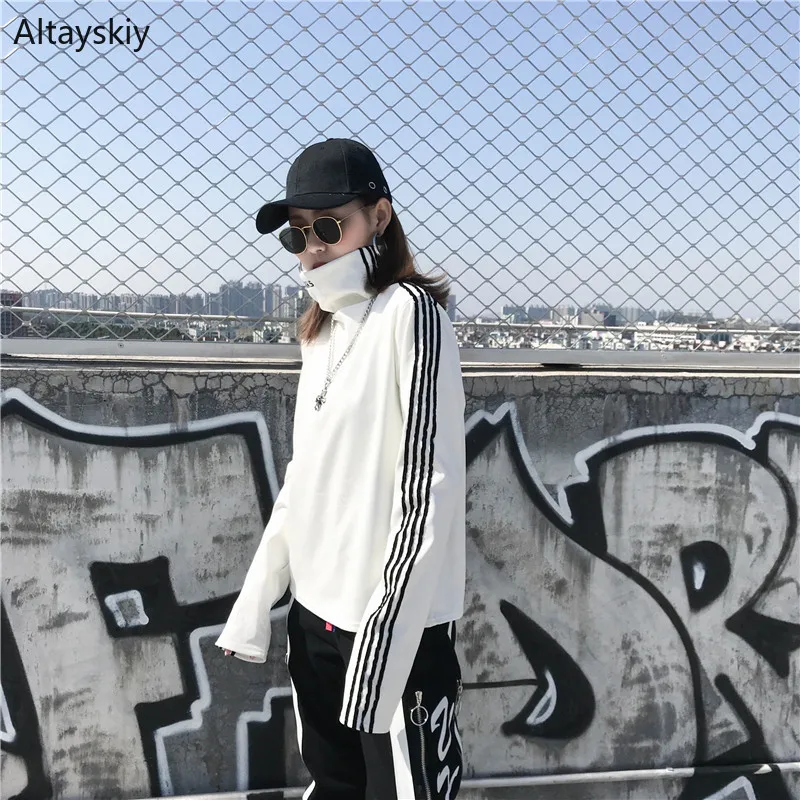 

T-shirts Women Embroidery Trendy Simple Striped Turtleneck Korean Style Womens Loose Harajuku Long Female Elegant Leisure Chic