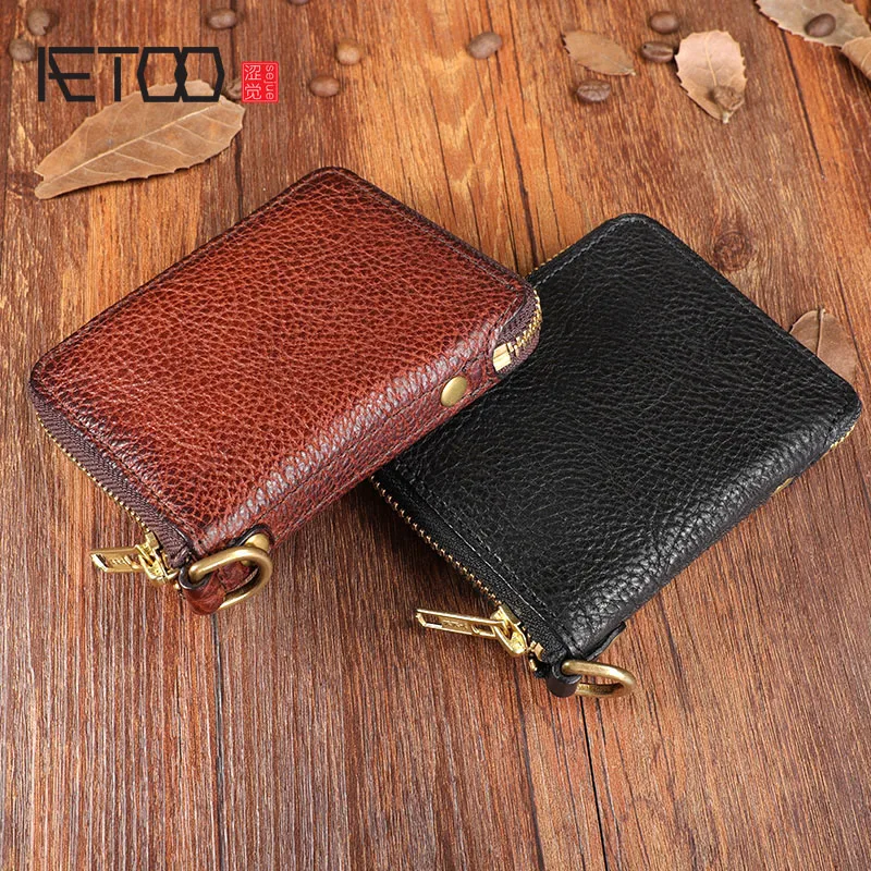 

AETOO Original handmade retro vertical leather wallet First layer leather short wallet full leather trend zipper