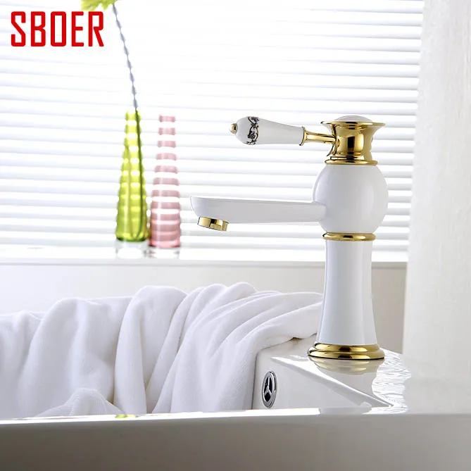 

Deck Mounted bathroom faucet white painting with gold basin mixer with hot cold water.single handle sink mixer tap