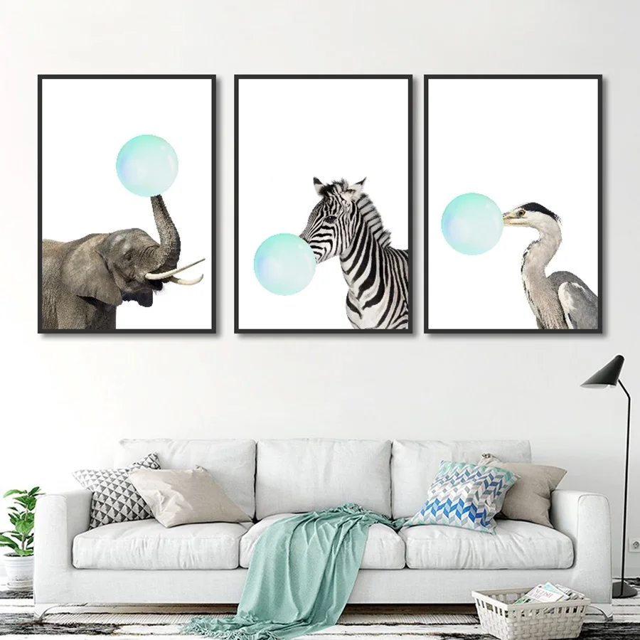 

Fashion Zebra Elephant Animal Blowing Balloon Paiunting Nordic Simple Small Fresh Canvas Wall Picture for Kid's Room Decoration