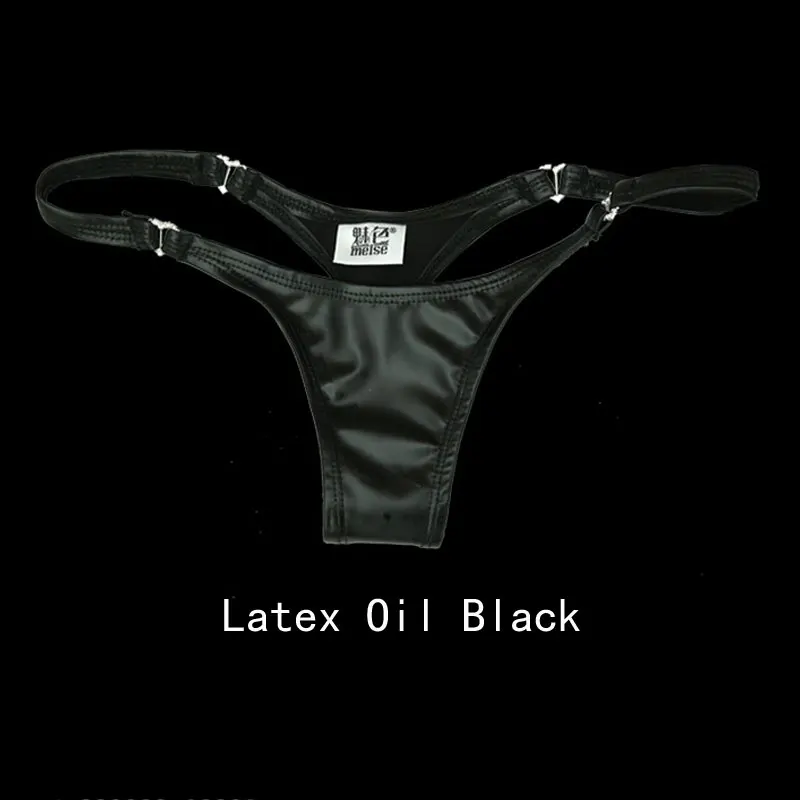 Латексные трусики-стринги с низкой посадкой размера плюс, блестящие сексуальные трусики-стринги из ПВХ, женские стринги с Т-образной спинкой, эротическое белье, сценическая одежда F24 - Цвет: Latex Oil Black
