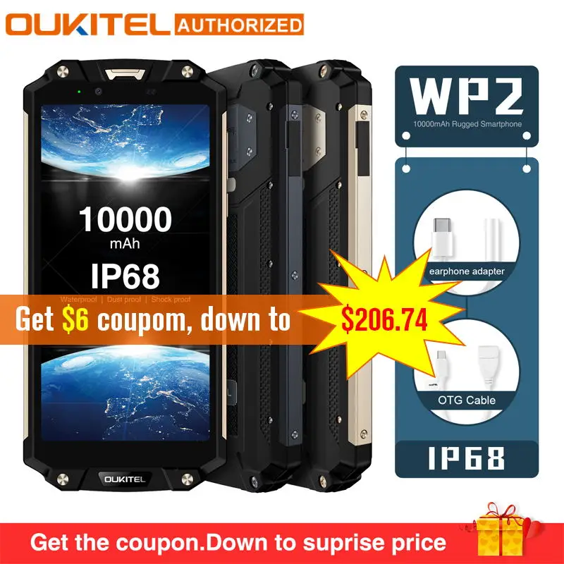OUKITEL WP2 IP68 Waterproof Dust Shock Proof Mobile Phone 4G RAM 64G ROM Octa Core 6.0" 10000mAh Fingerprint Smartphone phablet