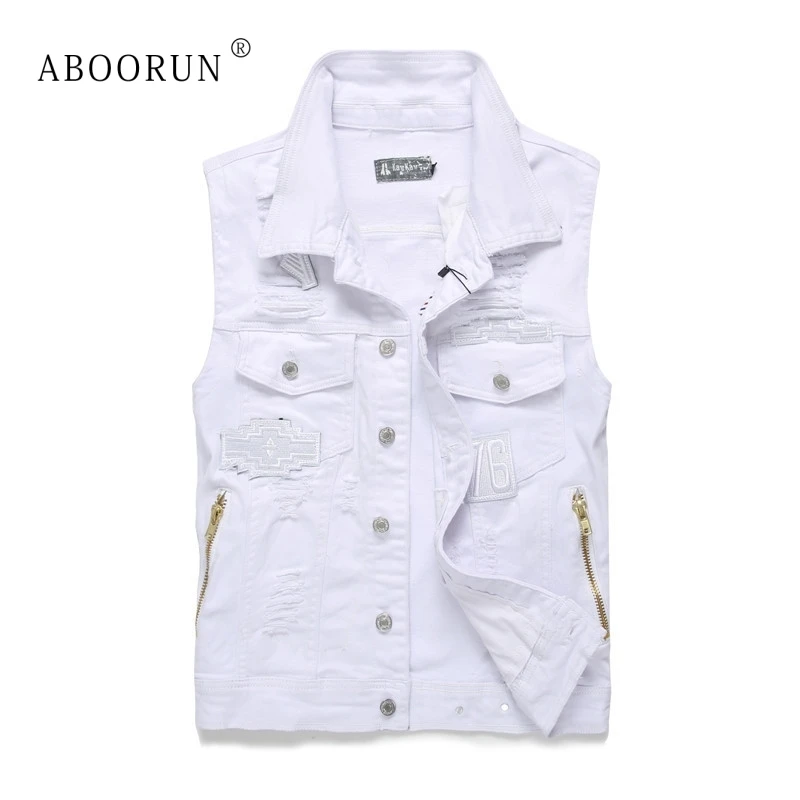 

ABOORUN Fashion Mens White Denim Vest Patches Zippers Skinny Ripped Jeans Waistcoat for Male YC1085