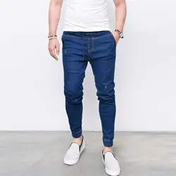 2019 для мужчин's дамские шаровары промывают средства ухода за кожей стоп Узкие синие джинсы брюки хип хоп спортивные брюки эластичный пояс