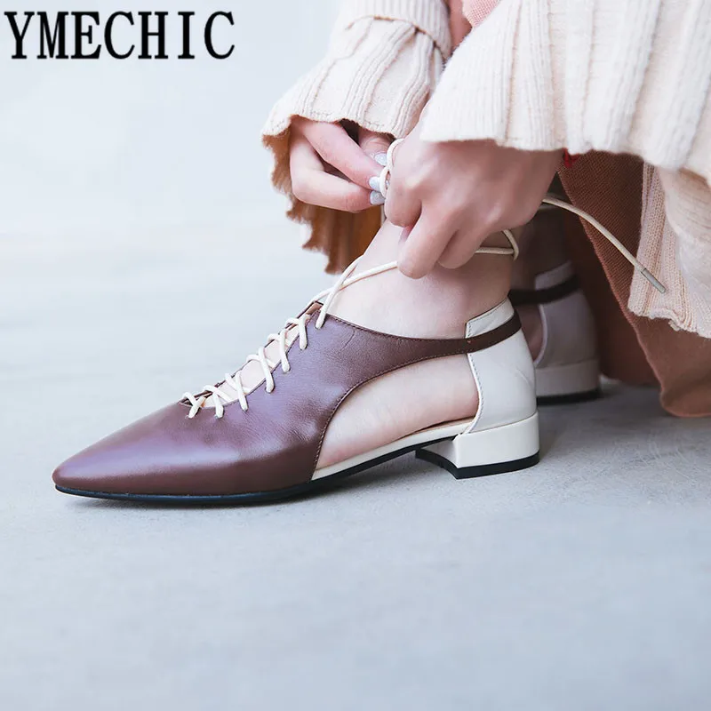 

YMECHIC 2019 New Arrival Genuine Leather Pointed Toe Cross Tied Lace Up Gladiator Low Chunky Heel Ladies Shoes Women Pumps Black