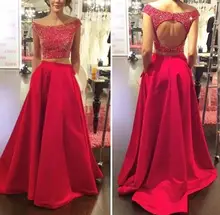 2016 rot Zwei Stück Weg Von der Schulter Abendkleid Zurück Loch U-ausschnitt A-linie Abendkleider mit Tasche Gelegenheits-kleid Party kleid