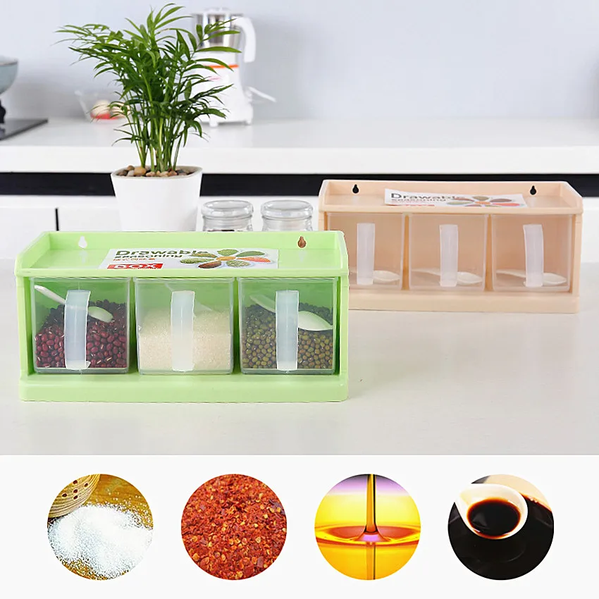

1set 3 Spice Jar bottle With Handle and Spoon Storage Seasoning Boxes Kitchen Storage Container herb & spice tools