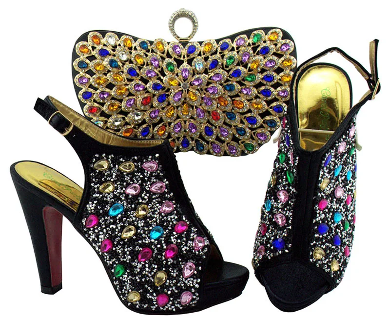 

Black with many colorful stones high heel sandal shoes and bag clutches italian new shoes and bag for african aso ebi SB8288-6
