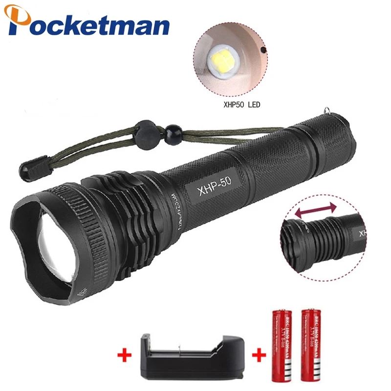 

High Power LED Flashlight XHP50 8800LM Waterproof Zoom Tactical Flashlight Torch for 2*18650 Battery Rechargeable Battery