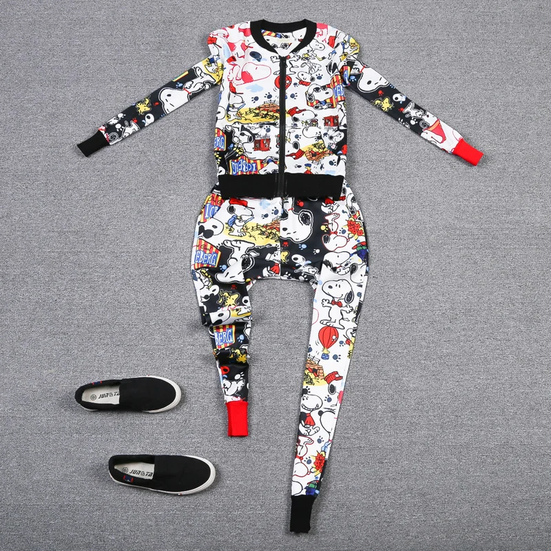 

2019 spring new arrive print cartoon preppy long sleeve patchwork jacket pants suit, spring casual long sleeve jacket suit set