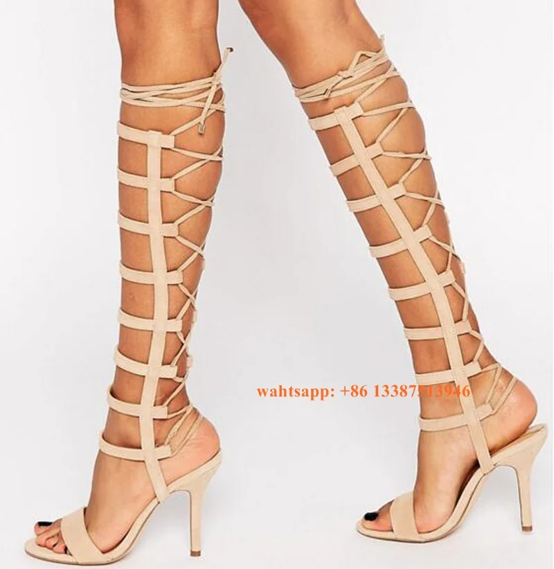 Summer Fashion Open Toe Strappy Knee High Gladiator Boots Lace-up Suede Leather High Heel Sandal Boots Sexy Evening Shoes