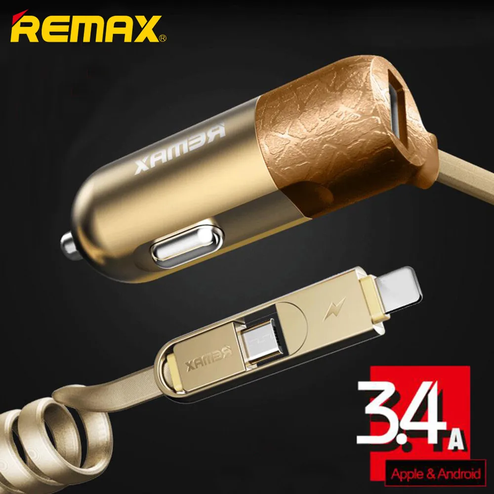 

Remax Car Charger Adapter 3.4A with 2 in 1 USB Cable for iPhone 5s 6 6plus micro usb for Samsung Huawei xiaomi LG Car-charger