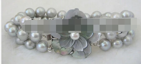 

433 Gorgeous 8" 3row 9-10mm gray round freshwater pearl bracelet-shell clasp