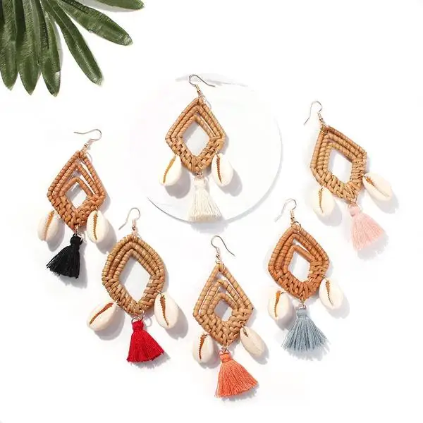 Latest Design Womens Rattan Tassel Wicker Woven Sea Shell Conch Hooks Earrings Jewelry 2019