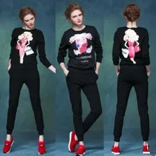 2016 Autumn Print Hoodies Women Cotton Casual O-neck Tracksuit Sportsuit Feminino Two Piece Women’s Black Color Hoodie