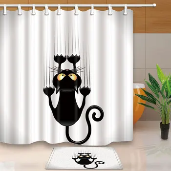 

Cute Cat Shower Curtains Waterproof Funny Bathroom Fabric Curtains Set 3 Sizes