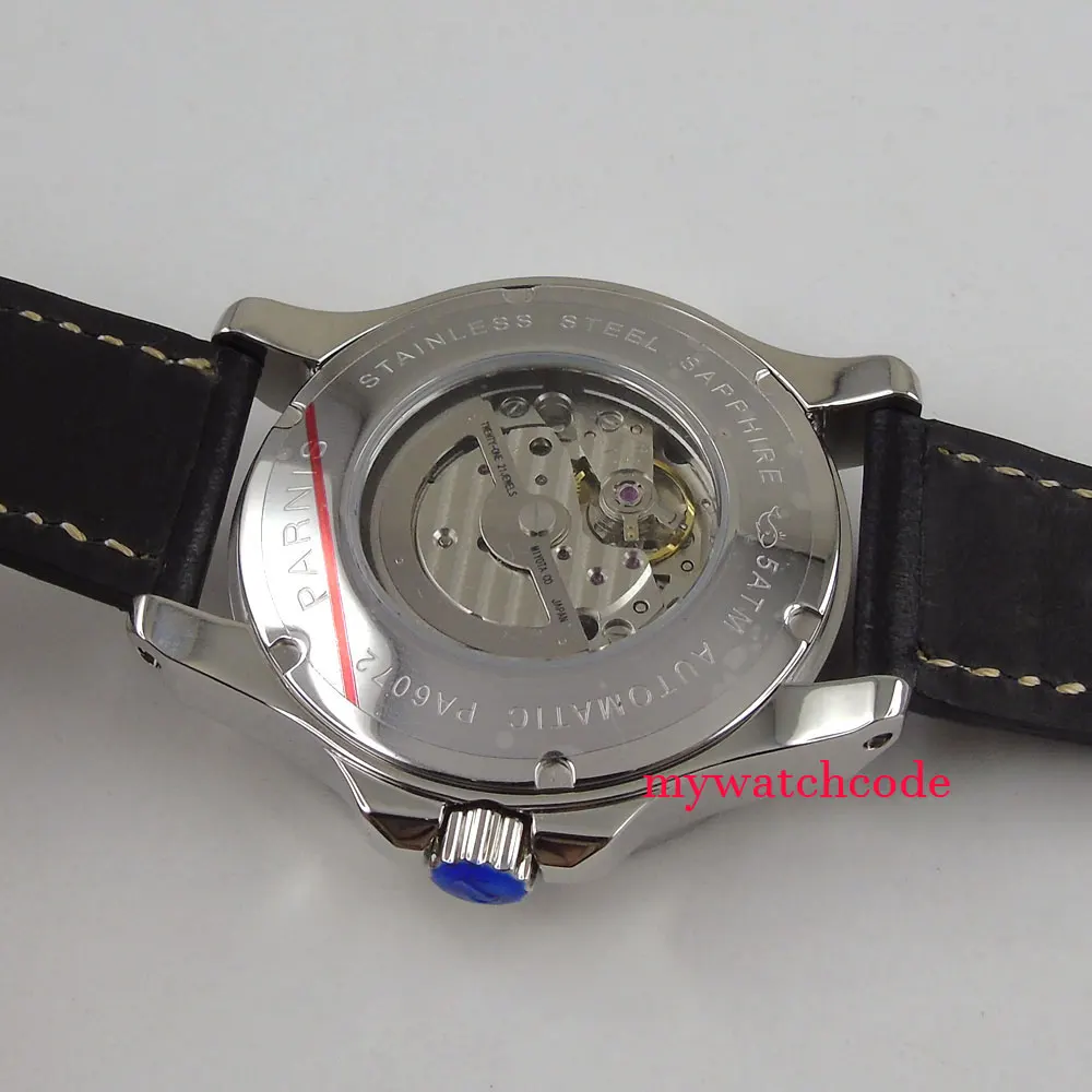 Роскошные Брендовые мужские часы Автоматические Parnis 43 мм черный циферблат супер светящаяся Дата 8215 автоматические механические мужские