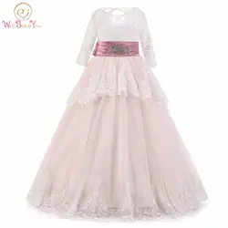 Розовые Платья с цветочным узором для девочек, кружевное бальное платье с длинными рукавами и поясом со стразами, длинные платья для