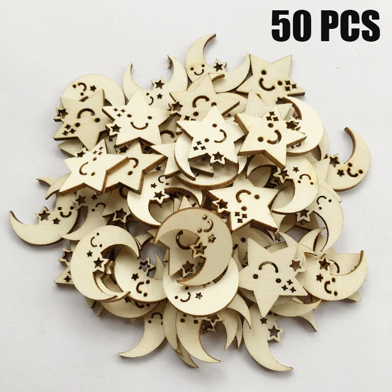 

50 Pcs Cartoon Shape Stars Moon Wood Chips Embellishments for DIY Crafts Embellishments for Party Wedding Decoration(Wood Color)
