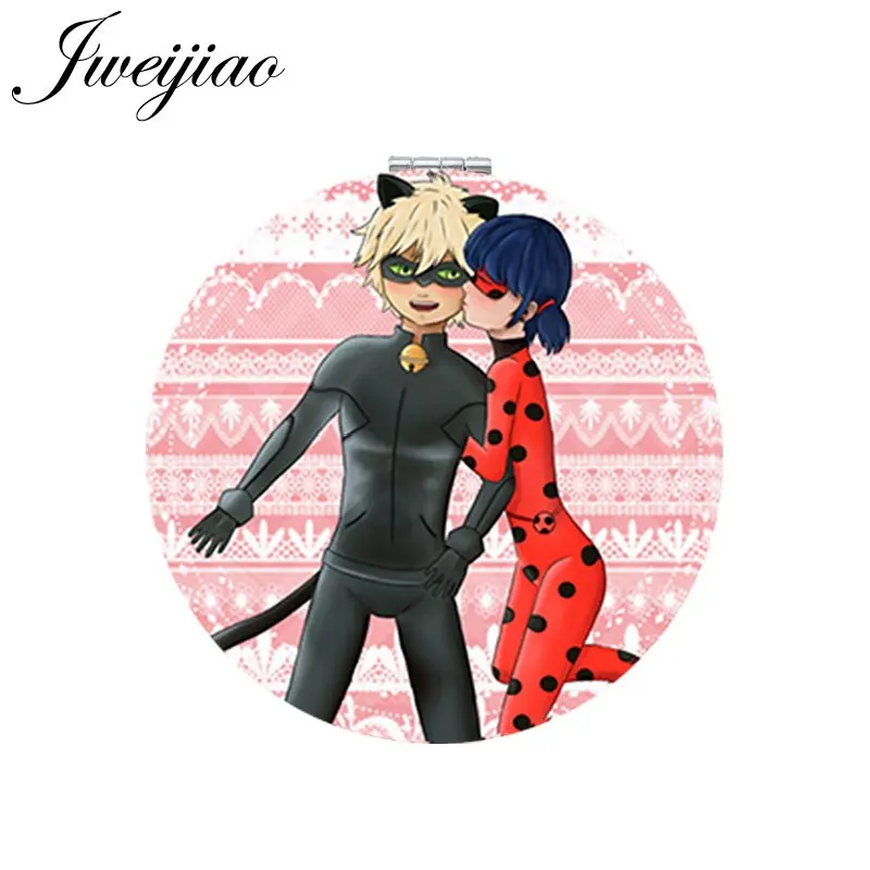 

JWEIJIAO Ladybug Cartoon Photo Printed PU Leather Makeup Mirror Folding Round Mini Pocket 1X/2X Magnifying Mirror